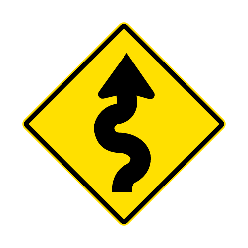 Letrero Tránsito Advertencia Zona de curvas a la Izquierda