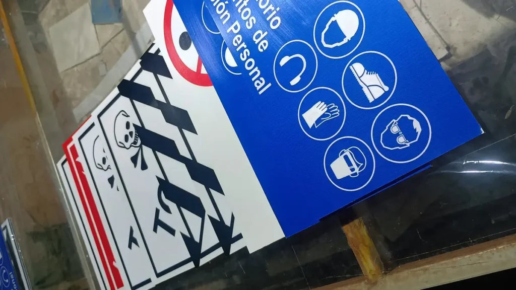 Letreros de seguridad industrial y uso obligatorio de EPP para plantas.