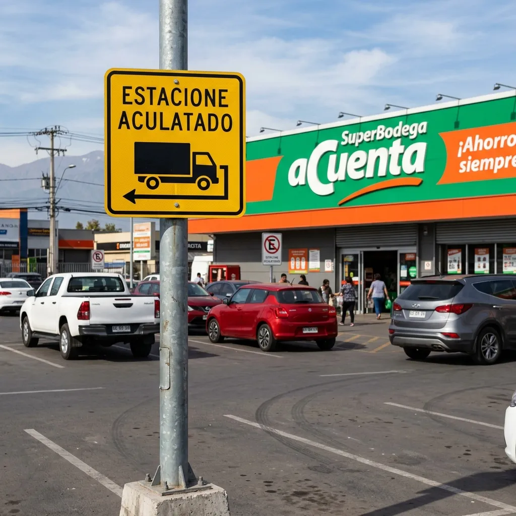 Letrero de Transito Estacionar Aculatado en estacionamiento de SuperBodega aCuenta en Santiago de Chile