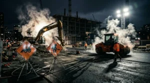 Maquinaria pesada rodillo y excavadora trabajando en obra nocturna con senalizacion de transito reflectante y hombres trabajando en Chile