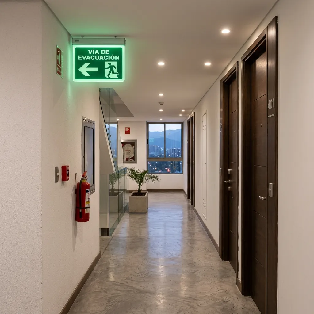 Letrero fotoluminiscente de via de evacuacion en pasillo de edificio moderno en Santiago de Chile, Ley 21.442