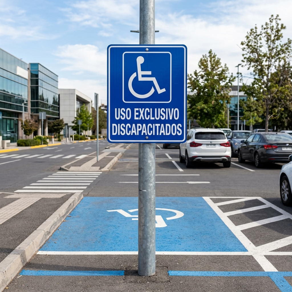 Letrero estacionamiento uso exclusivo discapacitados Ley 20422 Chile
