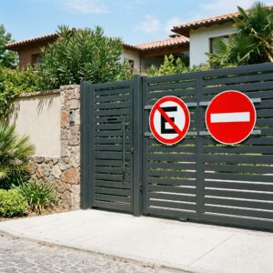 Letrero No Estacionar y No Entrar en portón residencial Chile