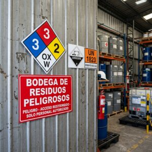 Señalética para bodega de líquidos peligrosos en Chile: Rombo NFPA 704, diamante corrosivo clase 8, panel número ONU y letrero Bodega Residuos Peligrosos