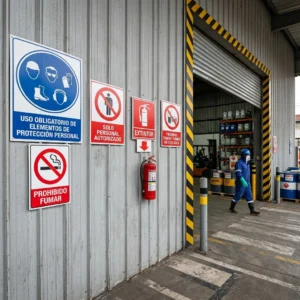 Letreros de seguridad para bodega de sustancias peligrosas: EPP obligatorio, solo personal autorizado, extintor, prohibido fumar y prohibido comer en entrada de bodega industrial