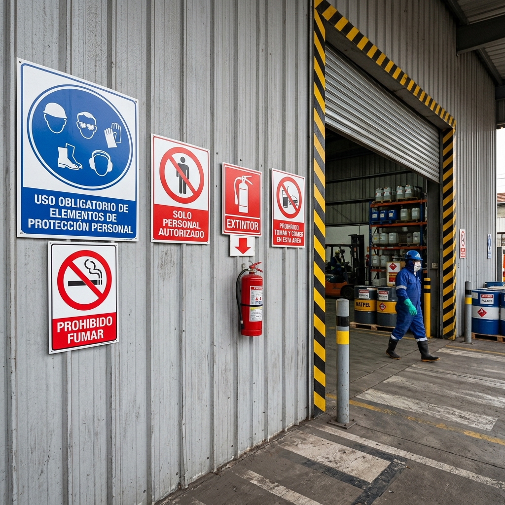 Letreros de seguridad para bodega de sustancias peligrosas: EPP obligatorio, solo personal autorizado, extintor, prohibido fumar y prohibido comer en entrada de bodega industrial