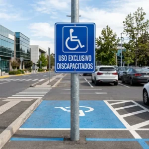 Letrero estacionamiento uso exclusivo discapacitados Ley 20422 Chile