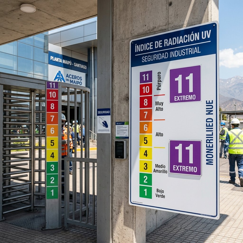 Letrero de Indice UV con numeros imantados intercambiables instalado en empresa en Chile, Ley 20.096 y DS 594