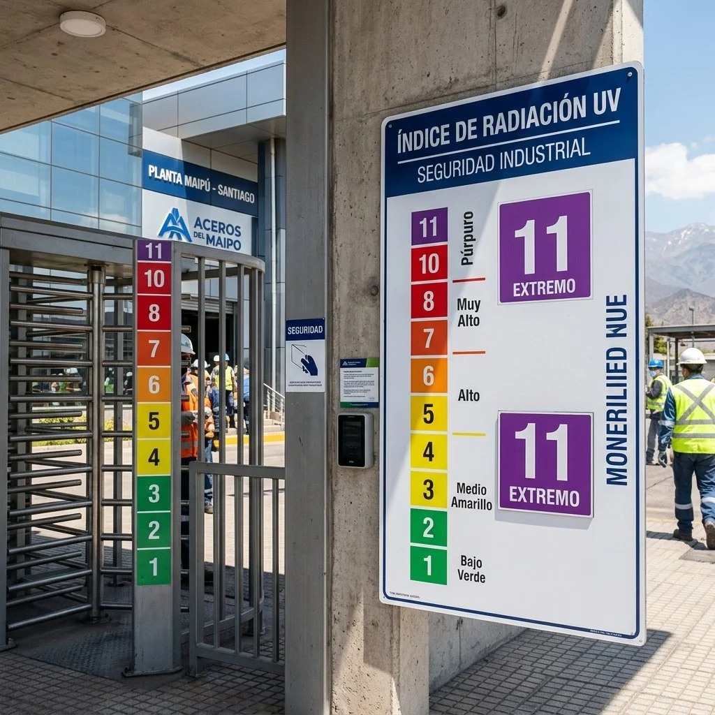Letrero de Indice UV con numeros imantados intercambiables instalado en empresa en Chile, Ley 20.096 y DS 594