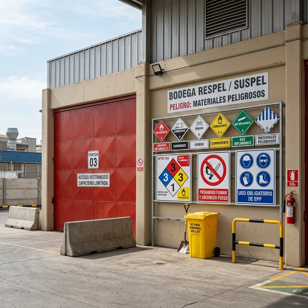Letreros NCh 2190 en español para bodega RESPEL en Chile: Inflamables, Corrosivo, Veneno, Comburente, Gases, EPP y NFPA 704