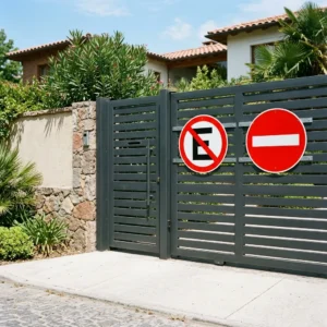 Letrero No Estacionar y No Entrar en portón residencial Chile