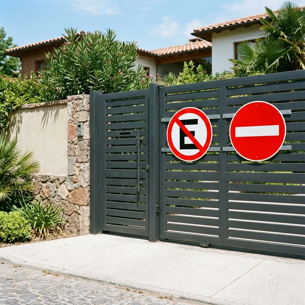 Letrero No Estacionar y No Entrar en portón residencial Chile