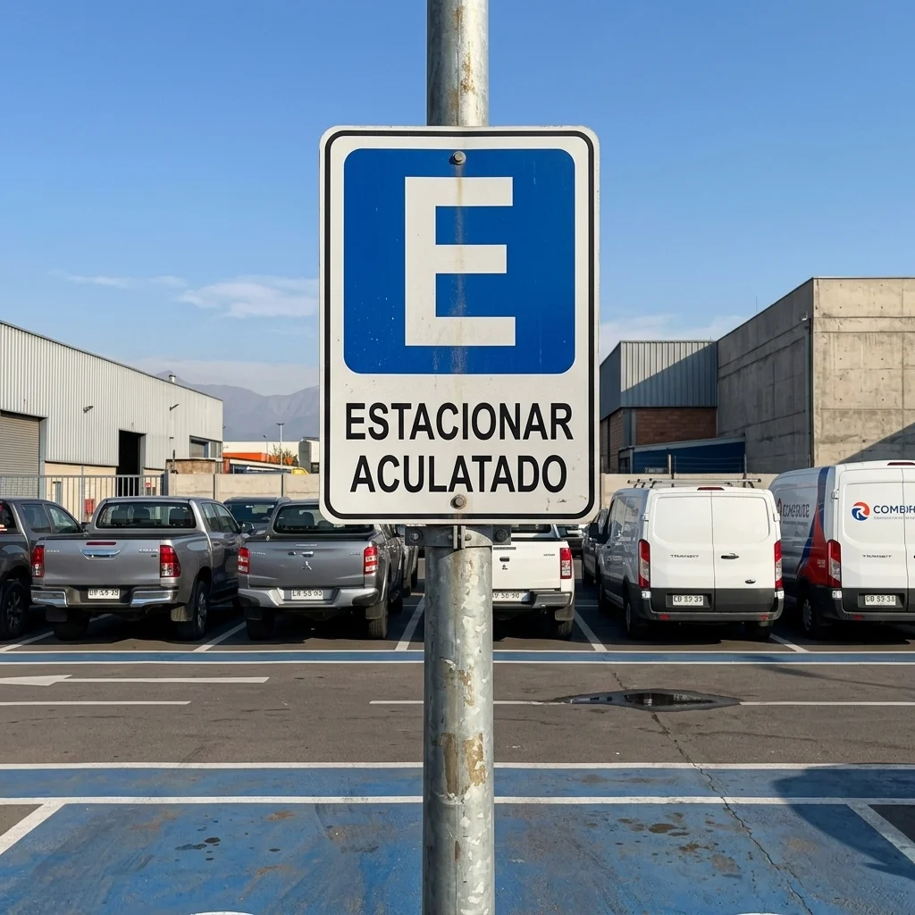 Letrero de Tránsito oficial Estacionar Aculatado con E azul y texto negro instalado en estacionamiento en Chile