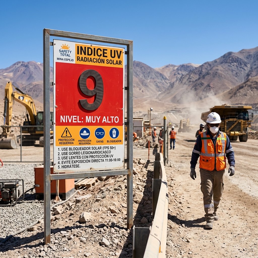 Letrero de Indice de Radiacion UV con numeros imantados en faena minera y obra de construccion en Chile