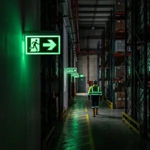 Letreros fotoluminiscentes de evacuacion brillando en oscuridad en bodega industrial Chile
