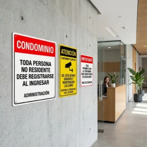 Letreros de seguridad para condominios en Chile: registro de visitas, cámaras CCTV y conserjería instalados en lobby moderno