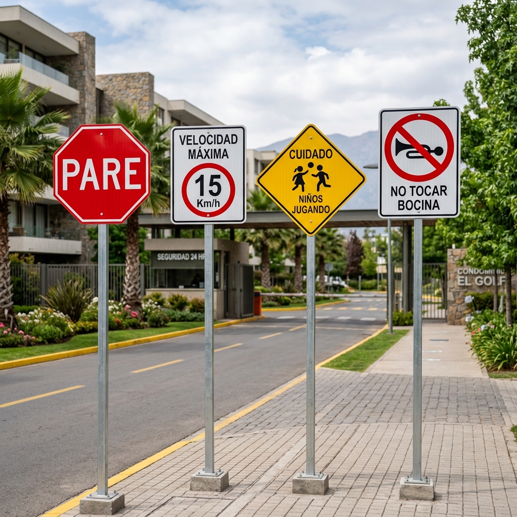 Letreros de tránsito para condominios en Chile: PARE, Velocidad Máxima 15 km/h, Cuidado Niños Jugando y No Tocar Bocina en entrada de condominio
