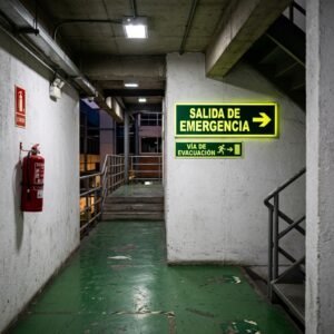 Señalética fotoluminiscente SALIDA DE EMERGENCIA en corredor industrial Chile - Letreros Caperuso