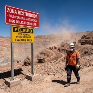 Señalización minera SERNAGEOMIN en faena minera Chile - letreros zona restringida - Letreros Caperuso